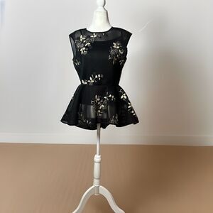 Womens SZ S Floral Embroidery Mesh Peplum Blouse Asymmetrical Fairy Whimsigoth